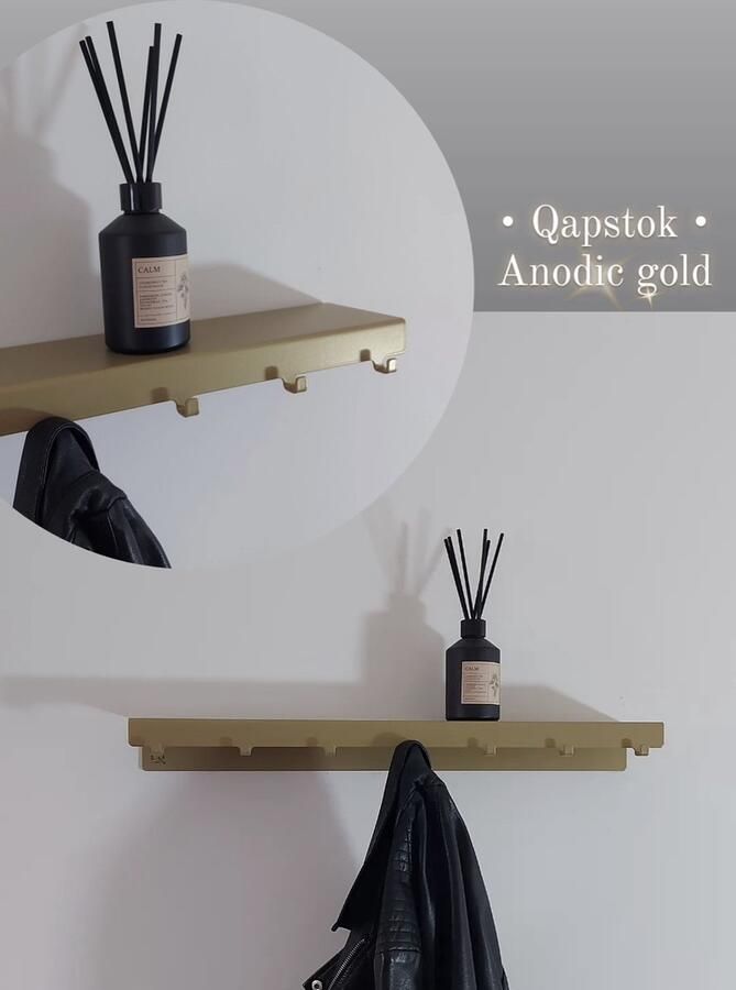 Qstiel Qapstok goud Kapstok Wandkapstok 7 haken 60cm Stevig Met plank Poederlak Anodic Gold Axalta