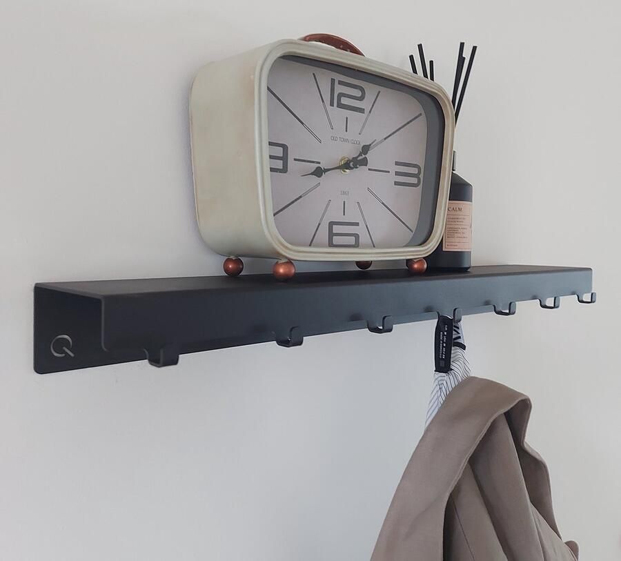 Qstiel Qapstok zwart Kapstok Wandkapstok 7 haken 60cm Stevig Met plank Poederlak str RAL 9005 zwart
