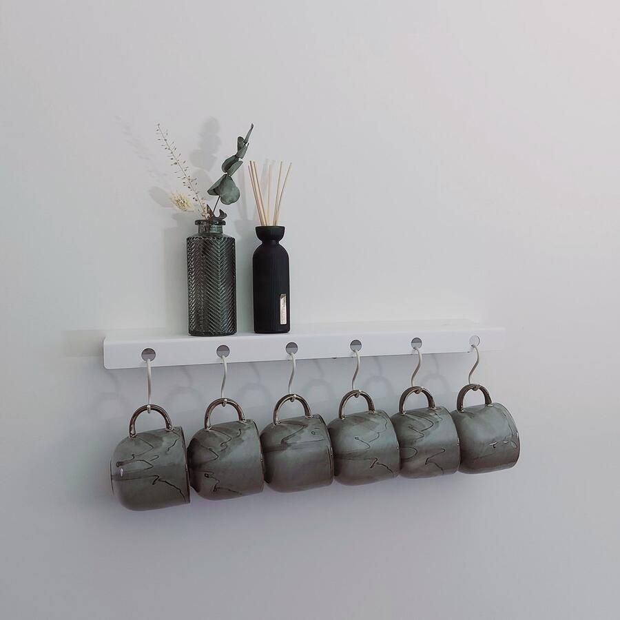 Qstiel Quna wit- Ophanghaken Mokkenrek Kopjesrek 6 Haken 49cm Poedercoating str wit RAL 9003