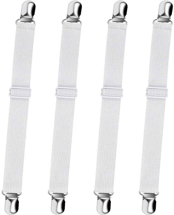 QTTVBTNA -4-delige Verstelbare Elastische Hoeslaken Spanners met Metalen Clips – Voor Matras Beddengoed Strijkplank en Sofa Wit