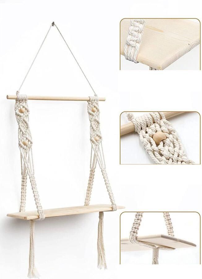 QTTVBTNA Houten wandplank macramé vlecht bohemian stijl decoratieve zwevende plank kwastjes handgeweven woonkamer badkamer hangplank