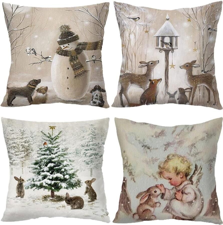 QTTVBTNA Kerst Kussenhoezen Set 18x18 inch Dierenprint Sneeuwman Hert Konijn Microvezel Sierkussensloop Voor Bank Slaapkamer Terras Zilver 4-delig