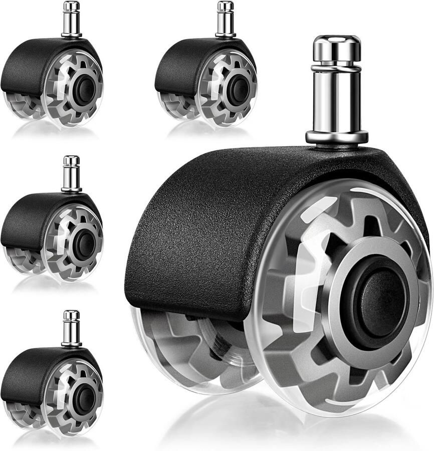 QTTVBTNA Set van 5 Universele Bureaustoelwielen – 360° Zwenkwielen Stil en Soepel Polyurethaan Hoge Draagkracht Geschikt voor Hout Laminaat Tapijt – Niet voor IKEA Stoelen