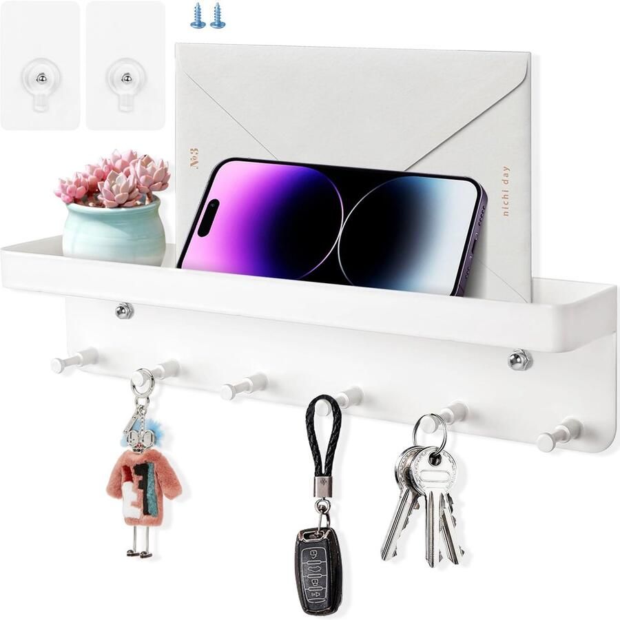 QTTVBTNA Witte Roestvrijstalen Sleutelhouder met Plank – Zelfklevend of Schroefmontage – Wandrek met 6 Haken voor Sleutels Brieven en Accessoires