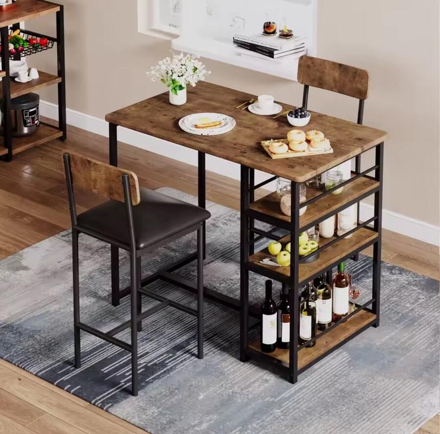 Quality Goods Eethoeken Hoge bartafelset 3-delig keukentafel met stoelen voor keuken eetkamer bistro etc. Eettafel en 2 stoelen met rugleuning en bekleding bruin
