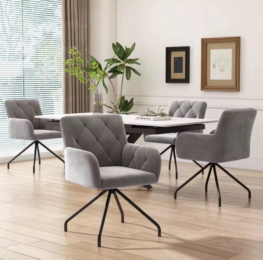 Quality Goods Quality for goods Set van 2 eetkamerstoelen met ruitpatroon gestoffeerde armstoel met 4 metalen poten moderne loungestoel stoel voor woonkamer slaapkamer studeerkamer en bureau gemaakt van spons en fluweel Grijs