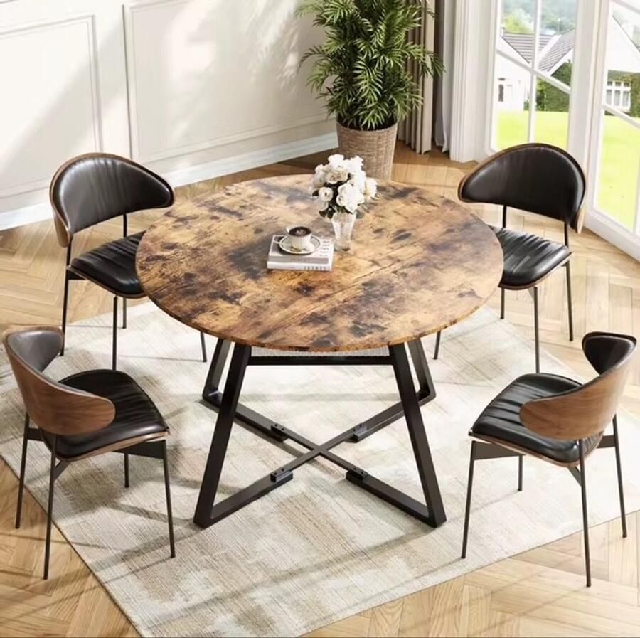 Quality Goods Ronde eettafel voor 4 personen 120 x 120 x 75 cm tafel in industriële stijl houten keukentafel grote eettafel met plank voor thuis eetkamer woonkamer bruin bureaublad + zwart frame