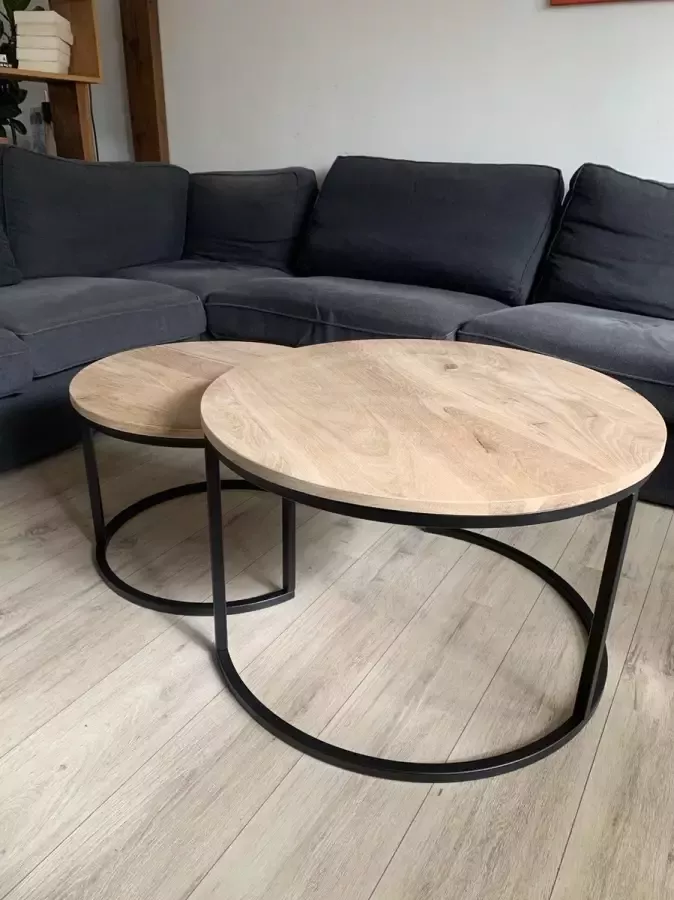 Quattro Design meubels Ronde salontafels Stretto set van 2 Ø 75cm en Ø 57cm tafelblad eikenhout stalen onderstel Quattro Design