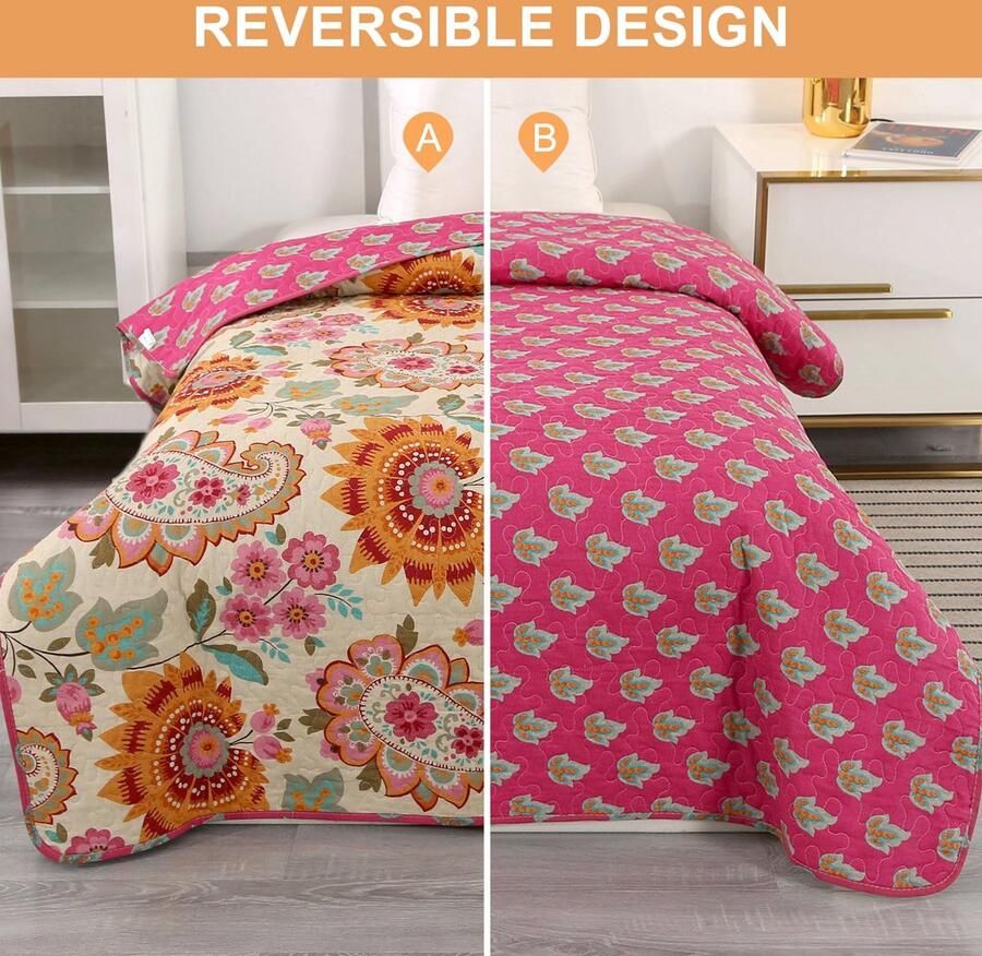 Qucover bedsprei 140x200 100% katoenen sprei kleurrijk dubbelzijdige sprei boho-stijl voor eenpersoonsbed omkeerbare deken woonkamerdeken bankdeken banksprei met zonnebloempatroon