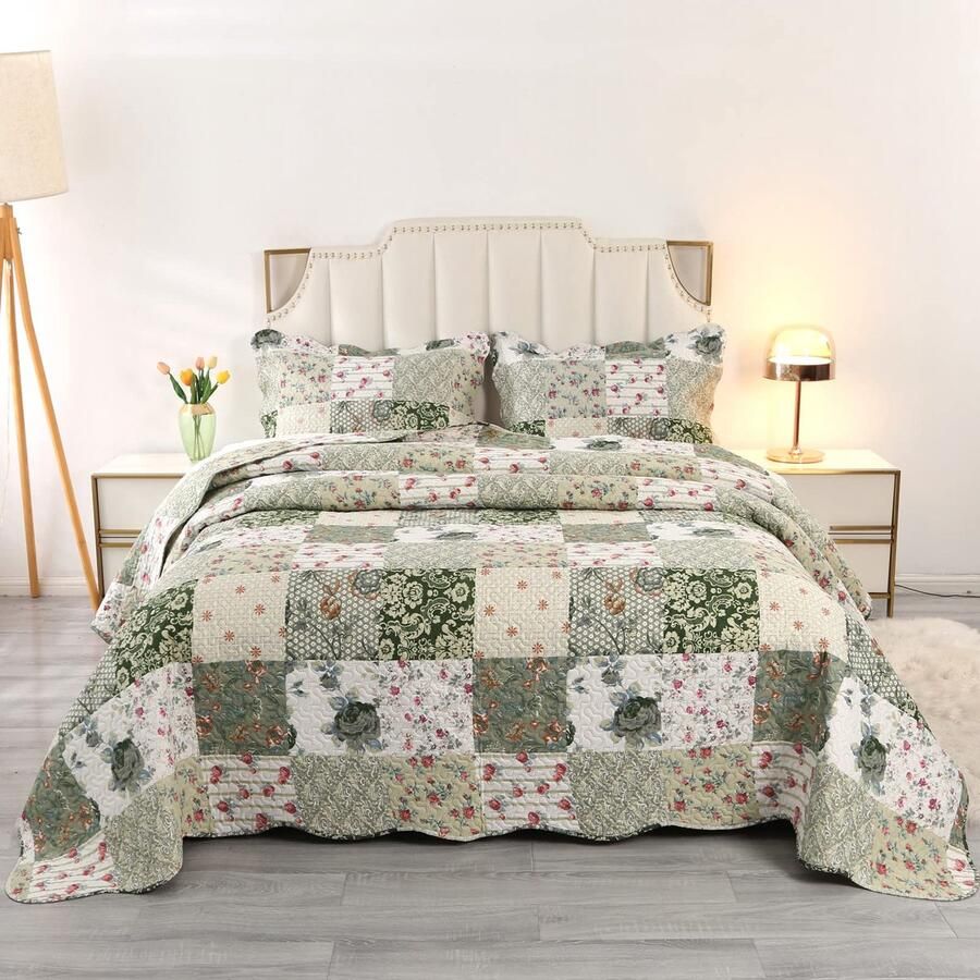 Unyqoos Stijlvolle Patchwork Sprei en Bedsprei Set voor Tweepersoonsbed met Bloemenmotief Inclusief Kussenslopen