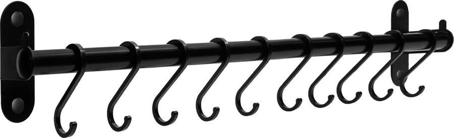 QUVIO Keukenrek met 10 Haken Ophangrek voor Spatels Soeplepels Messen en Keukengerei Wandrek met Ophanghaken Handdoekenrek voor Keukenorganisatie Ophangrail Ophangrekje Zwart Metaal