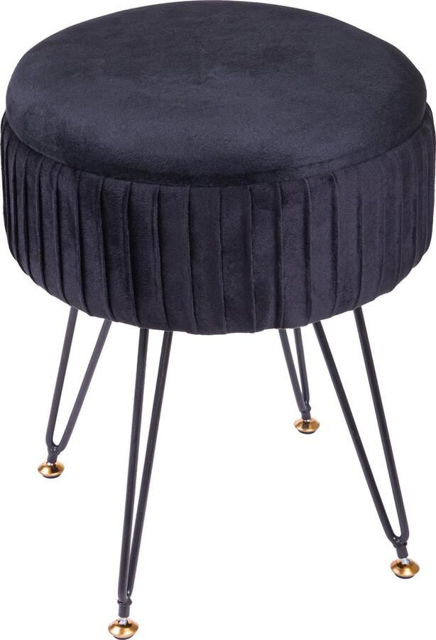 QUVIO Ronde zitkruk Metalen hairpin poten Decoratieve kruk Krukje Zwarte poef Fluweel Met opbergruimte Voor woonkamer en slaapkamer Ø32 cm Zwart - Foto 2