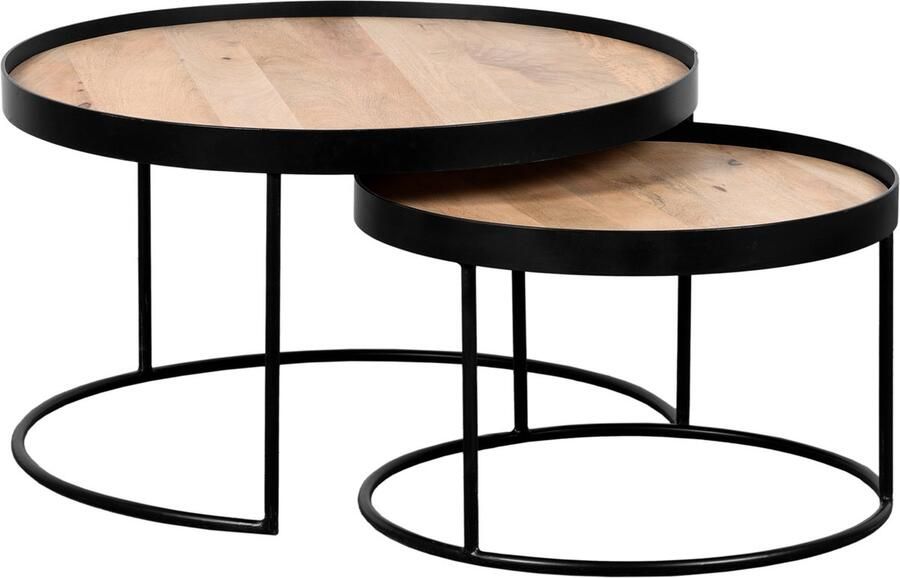 QUVIO Salontafel Sara – Set van 2 – Groot en klein – FSC -gecertificeerd mangohout – Metaal – Zwart – Naturel