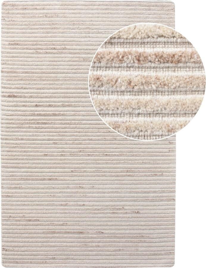 QUVIO Vloerkleed – 160 x 230 cm – Vloerkleed Rechthoekig – Gestreept Wollen Vloerkleed – Vloerkleden – Gebroken Wit – Wol