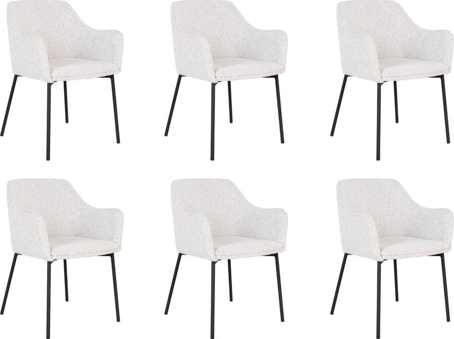 Lewis & Loft Witte eetkamerstoelen Lima Eetkamerstoel Eetkamer stoelen Eetkamerstoel met armleuning Bouclé Staal Wit Set van 6