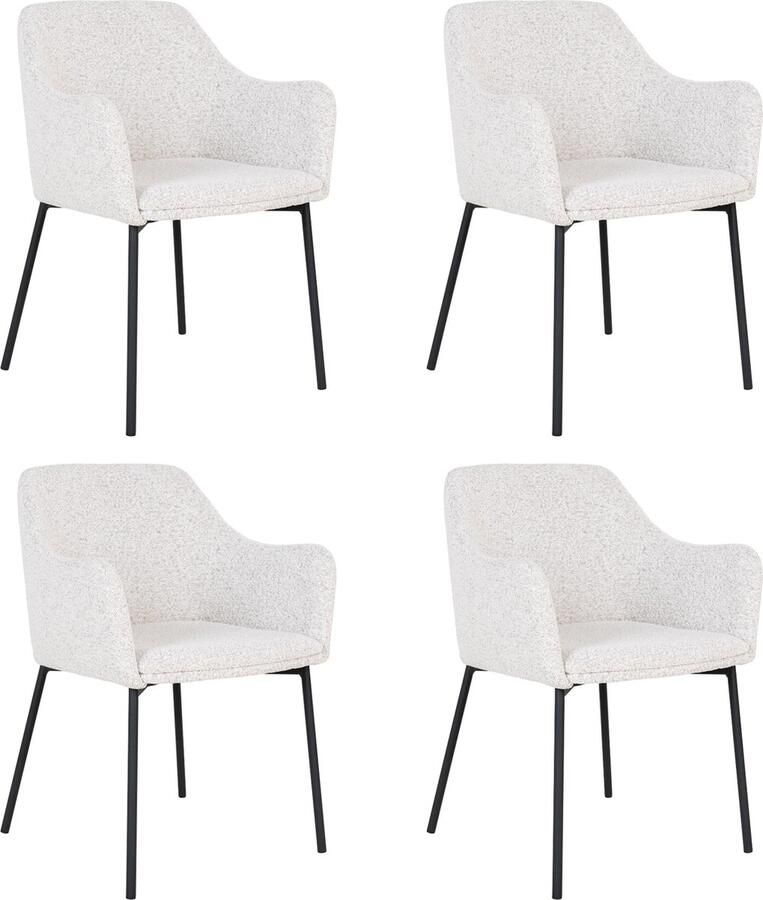 Lewis & Loft Witte eetkamerstoelen Lima Eetkamerstoel Eetkamer stoelen Eetkamerstoel met armleuning Bouclé Staal Wit Set van 4