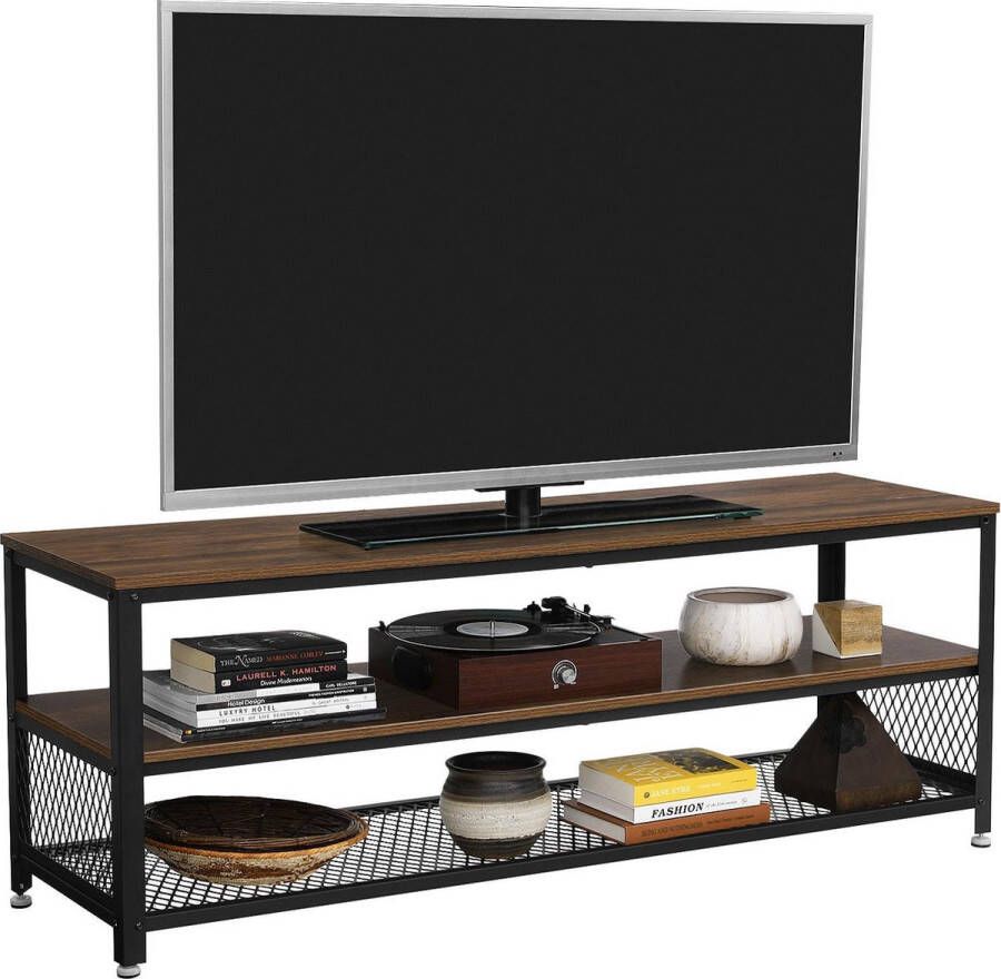 QUVIO Tv-meubel met opbergruimte Hout Staal Tv-dressoir Industrieel Donkerbruin en zwart