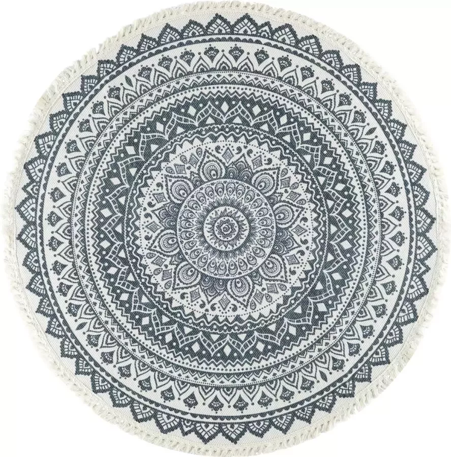 QUVIO Vloerkleed Tapijt Vloerbekleding Bohemian Mandala Rond Met franjes Voor binnen Gebroken wit Antraciet Grijsblauw 95 cm