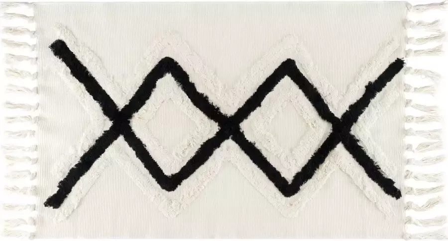 QUVIO Vloerkleed Tapijt Vloerbekleding Bohemian Rechthoek Met franjes Voor binnen Woondecoratie Beige Zwart 60 x 110 cm