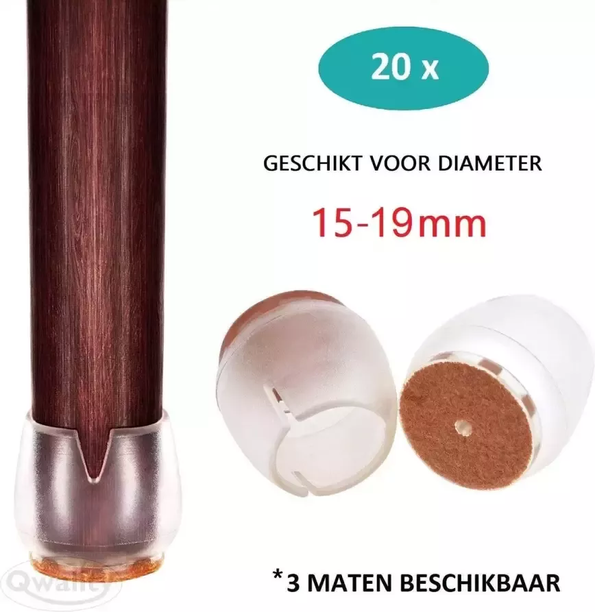 Qwality Stoelpootdoppen 20x Stoeldoppen – Vloerglijders – Vilt Stoelpoot beschermers – 15 -19mm