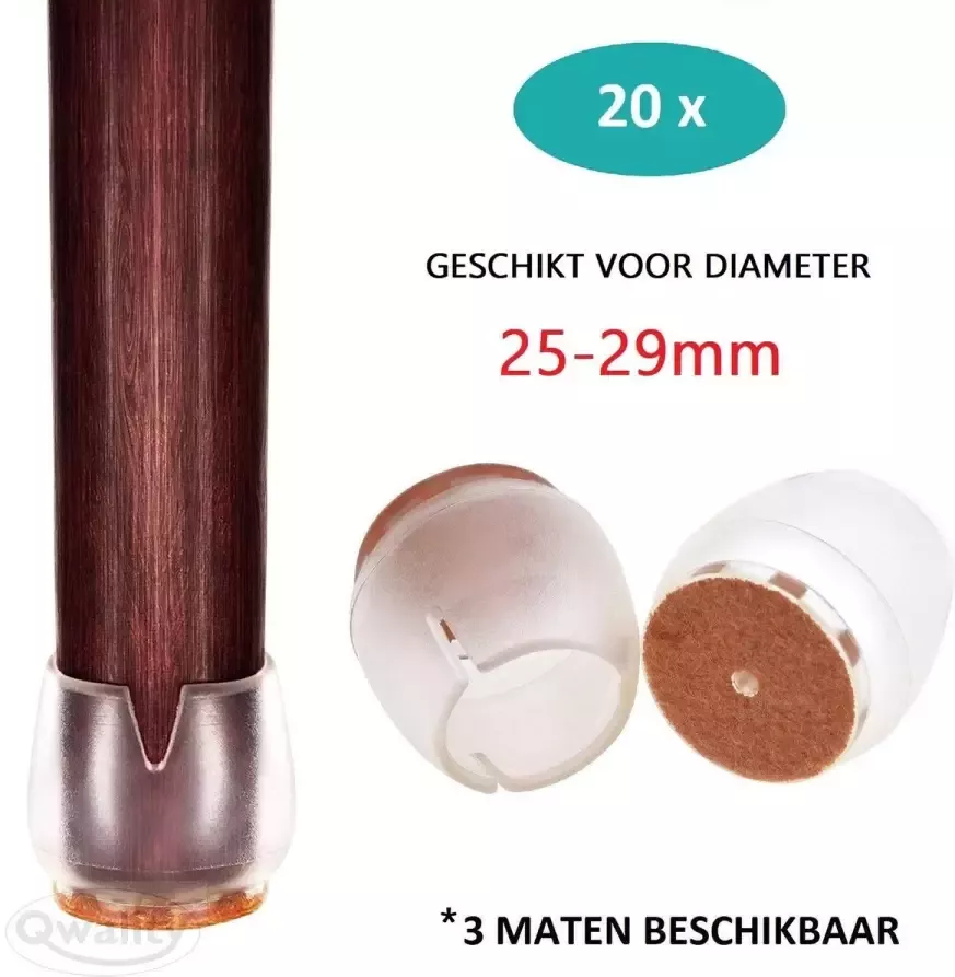 Qwality Stoelpootdoppen 20x Stoeldoppen – Vloerglijders – Vilt Stoelpoot beschermers – 25-29mm