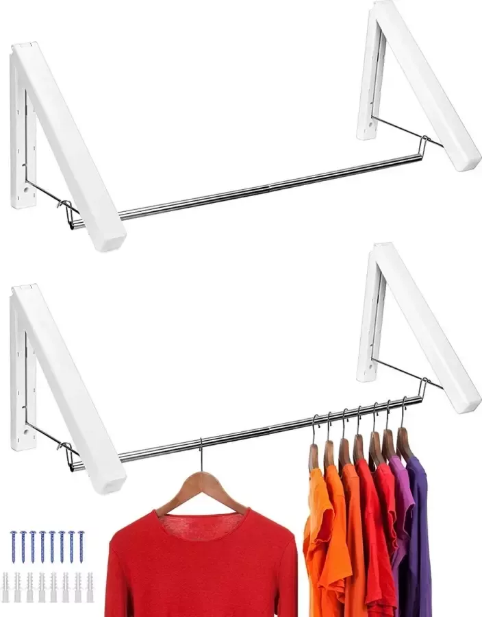 Qwork 2 stuks kledingstang wandmontage inklapbare kledingstang 74 cm wit