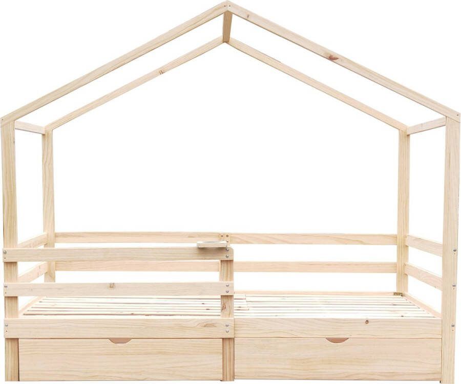 Ragnal Kinderbed Met dak en lattenbodem Uitvalbeveiliging 2 Lades 90 x 200 Naturel Eenvoudige montage Duurzaam