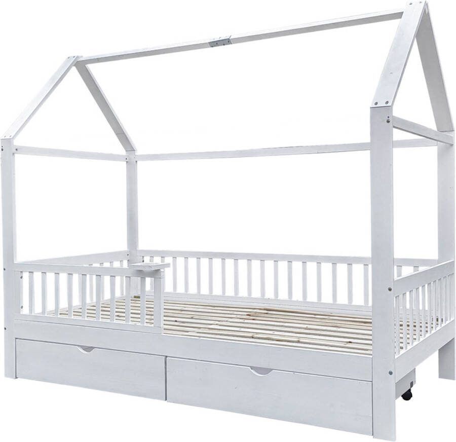 Ragnal Kinderbed Met dak en lattenbodem Uitvalbeveiliging 2 Lades 90 x 200 Wit Grenenhout Eenvoudige montage Duurzaam