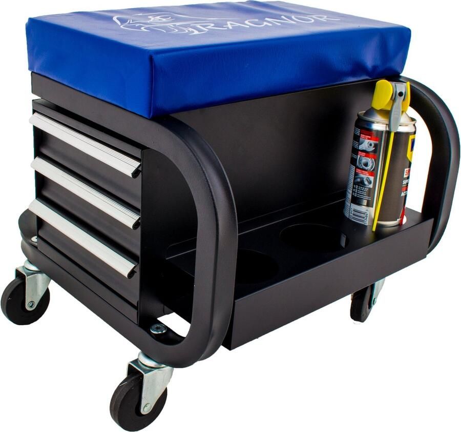 Ragnor Werkplaatskruk op Wielen – Verrijdbaar & Comfortabel 3 Uitschuifbare Lades – Zachte Zitting – Compact & Praktisch Voor Binnenklussen