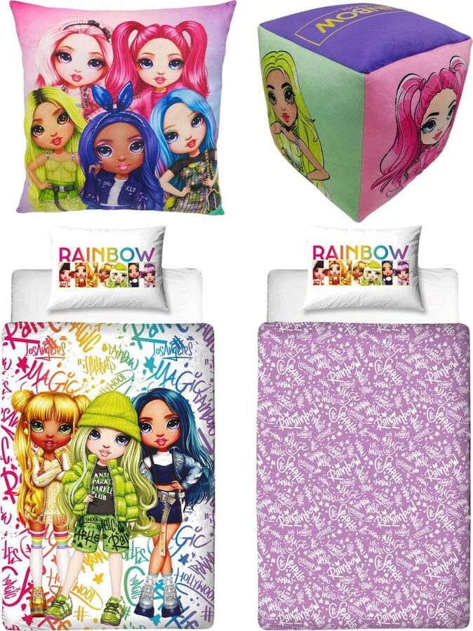 Rainbow High Bed Set; Dekbedovertrek + Gevormd Kussen + Kubus Kussen
