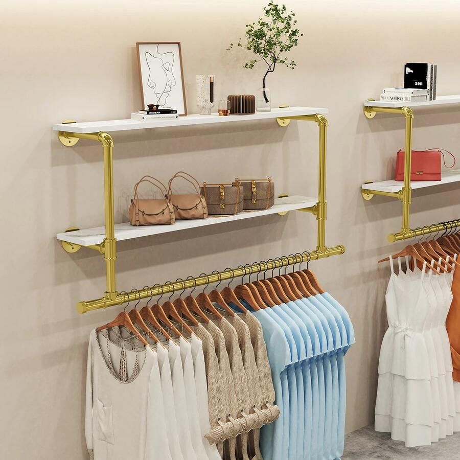 Rakmishop Kledingrek muur Met plankjes Kledingrek metaal Kleding rek Ruimtebesparend Industrieel Gemakkelijke Installatie Goud