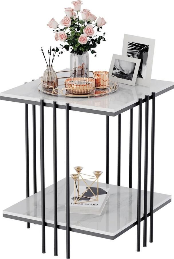 Rakmishop Luxe Bijzettafel 2 Laags Koffietafel Salontafel Marmertafel Woonkamer Slaapkamer Vierkant Zwart Wit - Foto 2