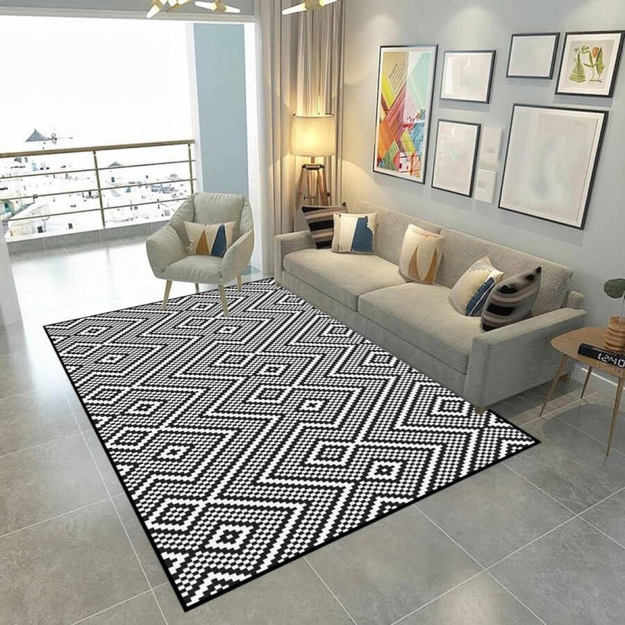 RALA Buitenkleed Vloerkleed Outdoor Tapijten Waterdichte en Zandbestendig Matten voor Strand Balkon Terras Tuin en Patio Opvouwbaar en Wasbaar Picknickkleed 150x210 cm Tapijt Wit en Zwart