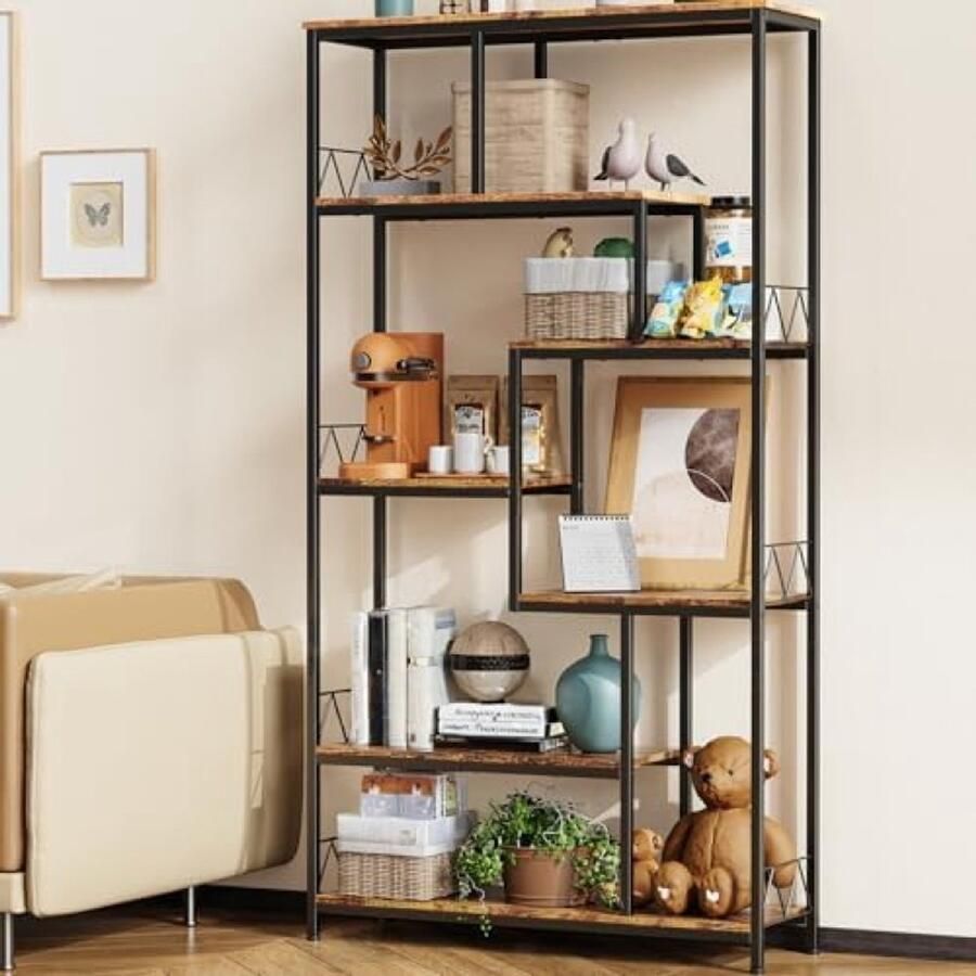 RALA 5-laags Boekenplank Staande Boekenkast Open Opbergrek met Verstelbare Voeten voor Woonkamer Kantoor en Werkruimte Retro Stijl