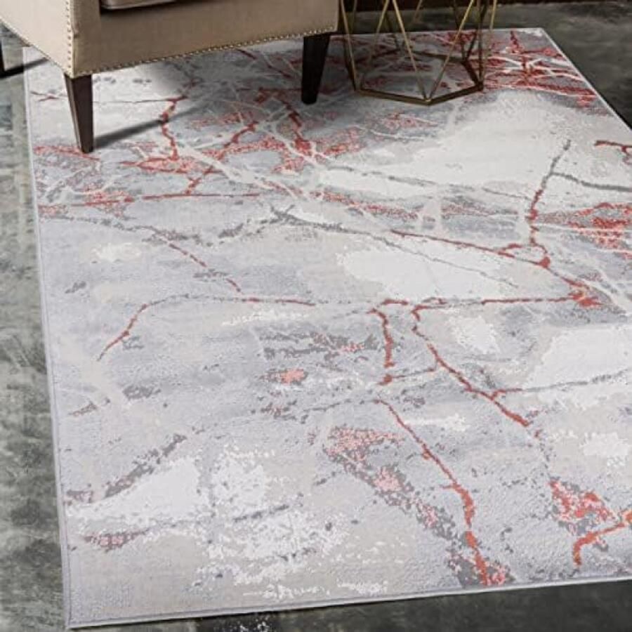 RALA Abstract Vintage Vloerkleed Modern Design Laagpolig Tapijt voor Woonkamer Slaapkamer Eetkamer OEKO-TEX Gecertificeerd Grijs Zalmkleur 200x300 cm