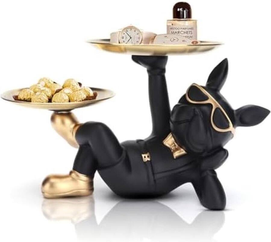 RALA Beeldje van hars coole Franse bulldog met opslagmogelijkheid met dienblad decoratie voor thuis bureau