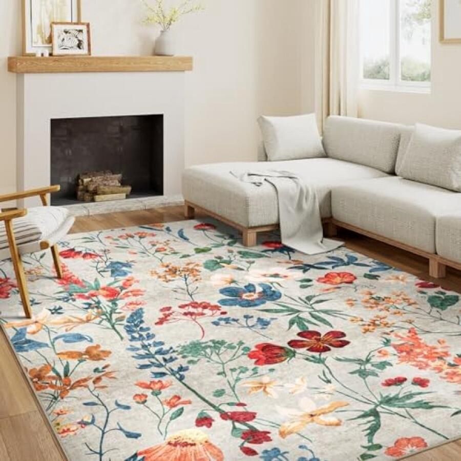 RALA Beige Bloementapijt 160x230cm Woonkamer Vloerkleed Antislip Machinewasbaar Boho Stijl Zachte Kortpolige Tapijten voor Slaapkamer Eetkamer Kantoor