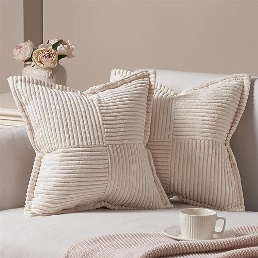 RALA Beige sierkussenhoezen set van 2 Pluizige decoratieve kussenhoezen 45x45 cm Corduroy stof met gestreept patchwork design Voor woonkamer slaapkamer en bank