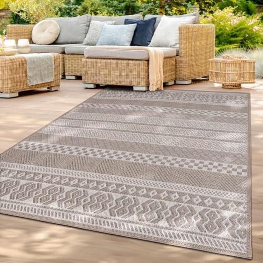 RALA Binnen- en Buiten Vloerkleed Tuin Balkon Keuken Tapijt Boho Geometrisch Ruitjes Modern Beige 300x400 cm