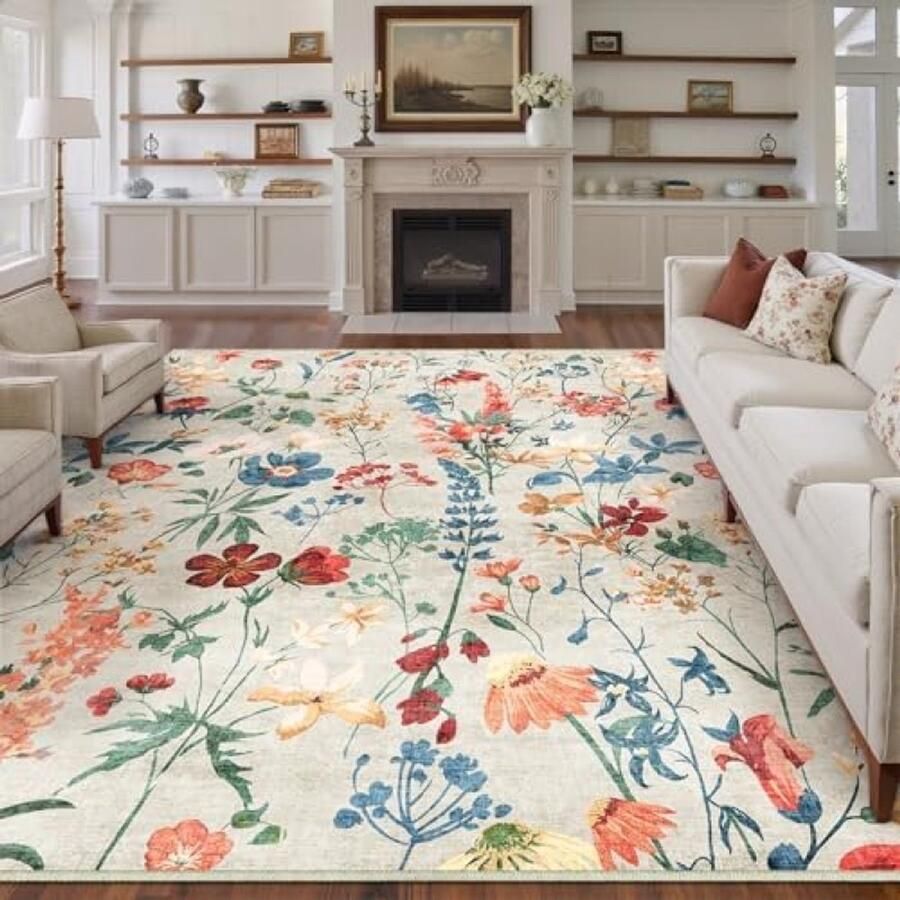 RALA Bloemen Tapijt 240x300cm Beige Woonkamer Vloerkleed Antislip Machinewasbaar Boho Groot Bloementapijt Slaapkamer Eetkamer Kantoor Vloerkleed Zachte Kortpolige Tapijten Moderne Vervaagde Stijl