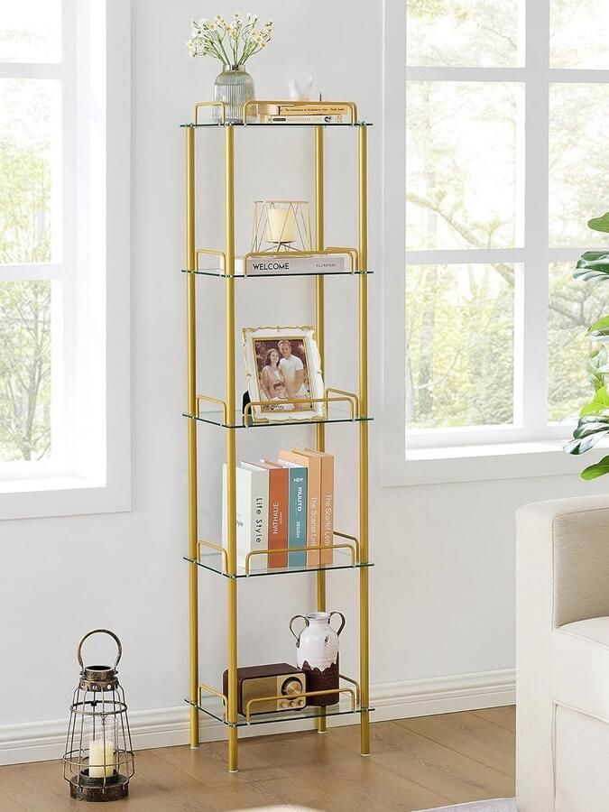 RALA boekenkast 5-niveaus gehard glazen boekenplanken smalle boekenplank voor kleine ruimtes opslag Rack Display plank slanke schappen unit voor woonkamer slaapkamer badkamer entree kantoor Golden