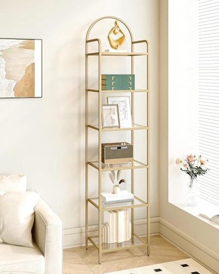 RALA Boekenkast met 6 planken van gehard glas slank design voor slaapkamer badkamer of thuiskantoor stalen frame in goudkleur 26 x 40 x 178.5 cm