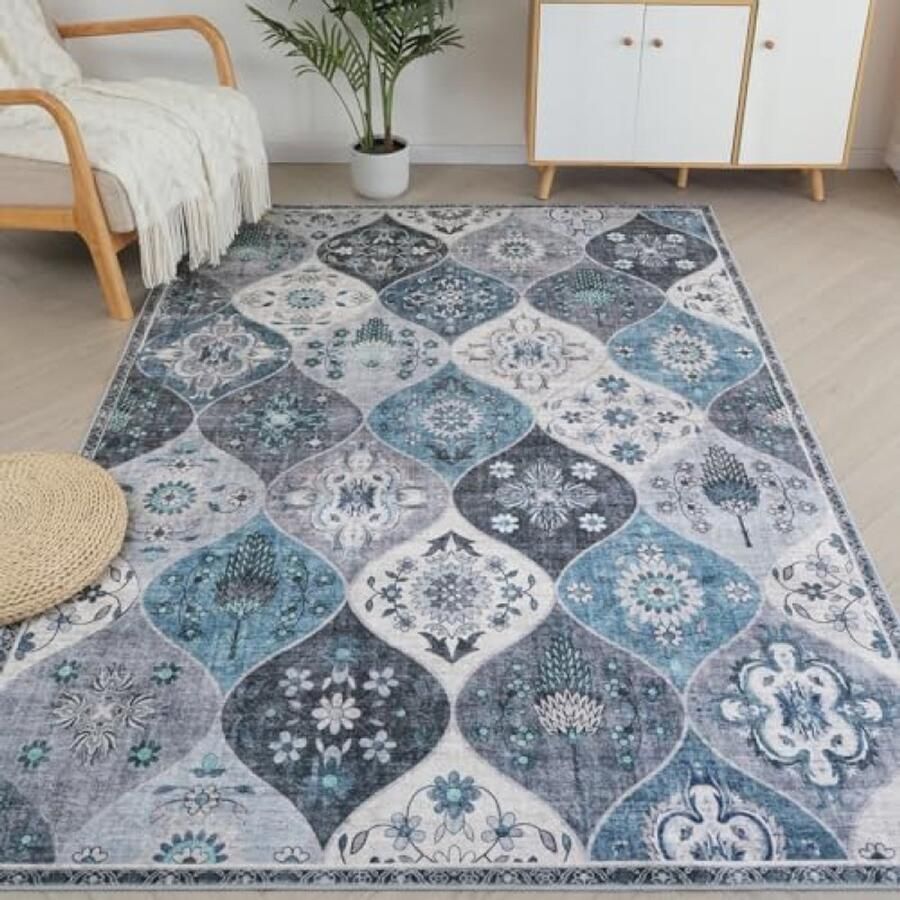 RALA Boho Bloemen Vloerkleed Antislip Wasbaar Laagpolig Ultrazacht Vintage Tapijt voor Woonkamer Slaapkamer Kinderkamer 160 x 230 cm