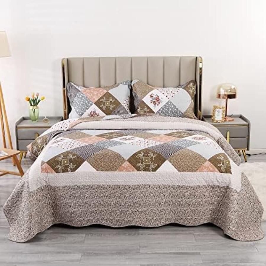 RALA Bruine gewatteerde sprei kingsize zachte microvezel katoen vintage patchwork bed spreid bloempatroon lichtgewicht spreien sprei set met kussenslopen 230 x 250 cm