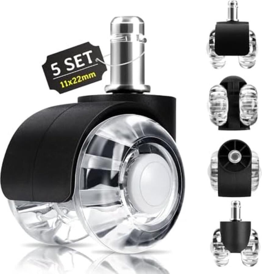 RALA Bureaustoelwielen set van 5 10 x 22 mm wielen voor bureaustoelen 360 graden draaibaar voor harde vloeren parket tapijt (past niet op IKEA stoelen)