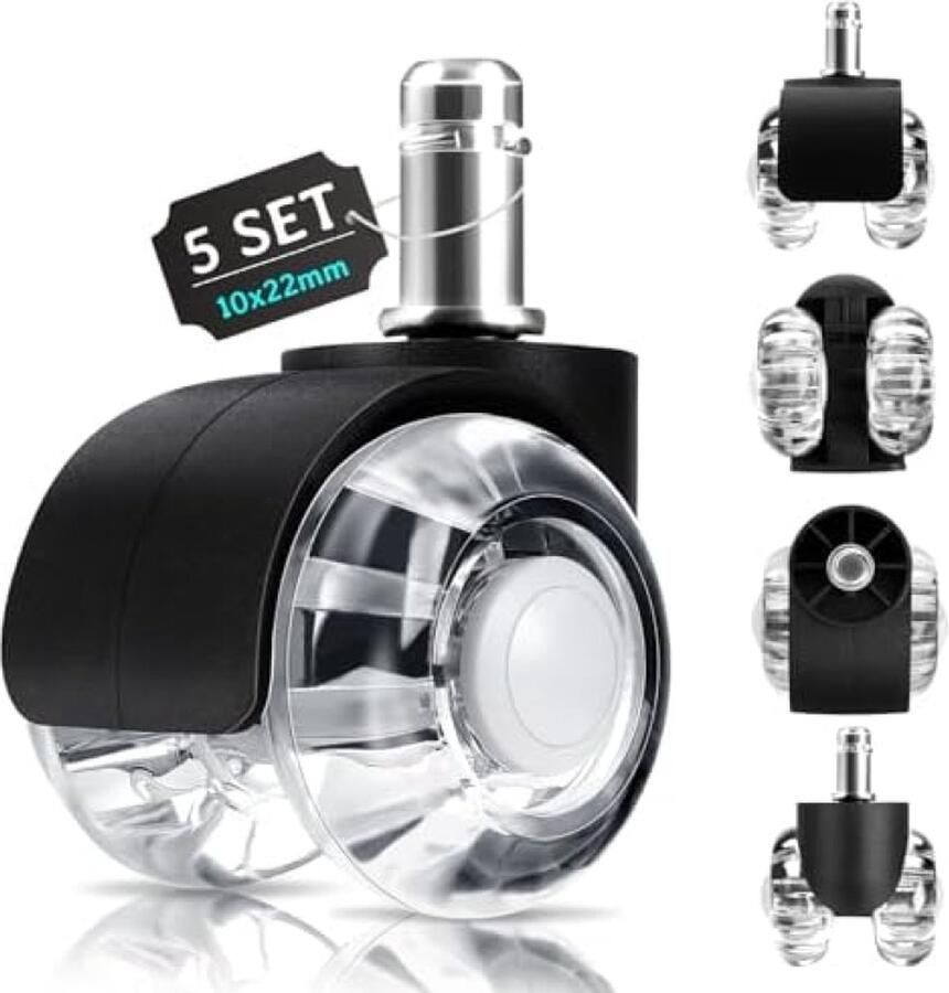 RALA Bureaustoelwielen set van 5 10 x 22 mm wielen voor bureaustoelen 360 graden rotatie zonder krassen bureaustoelwielen voor tapijt parketvloeren harde vloeren en tegels