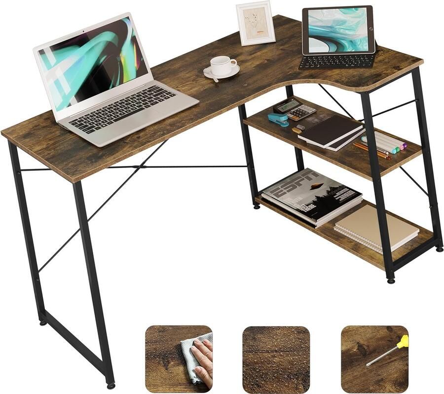 RALA Bureautafel L-vormig Bureau met 2 Planken Computertafel Pc-Tafel Hoektafel Groot voor Kantoor Thuiskantoor Gaming Industrieel Design 120 x 71 5 x 74 cm Vintage Bruin zwart