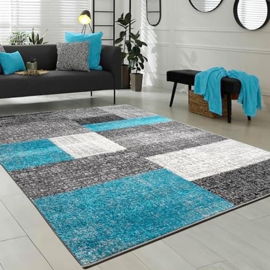 RALA Designer Vloerkleed Woonkamer Modern Laagpolig Ruitdesign Turquoise Grijs Wit 160x220 cm