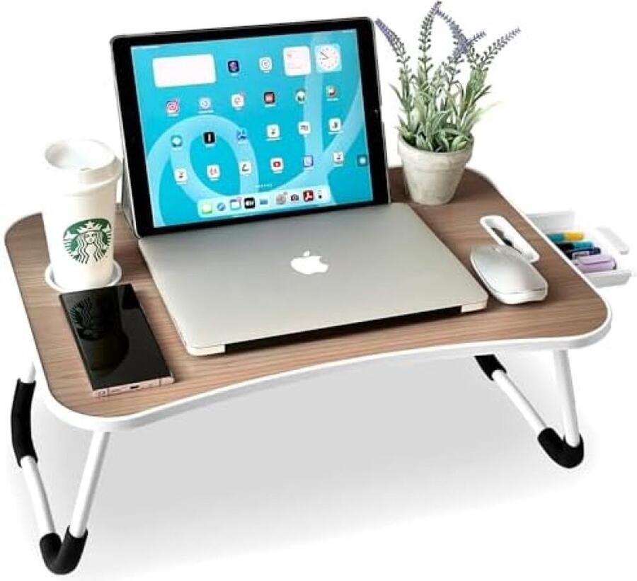 RALA Dienblad voor Bed Opklapbare Ontbijttafel Multifunctioneel Ideaal voor Laptop Computer en Boeken Bijzettafel met Lessenaar om in Bed te Lezen 60x40x26 cm