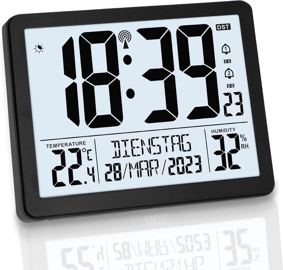 RALA Digitale XL radiogestuurde klok met extra groot display Tafel- en wandklok met dubbele wekker thermometer en hygrometer Mat zwart design